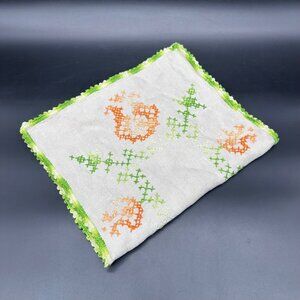 Vintage Floral Table Runner Orange Green Cross Stitch Embroidery Cotton Retro